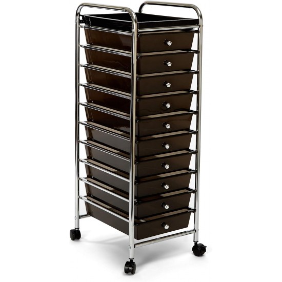 Seville Classics 10-Drawer Multipurpose Mobile Rolling Utility Storage Organizer with Tray Cart, Translucent Black