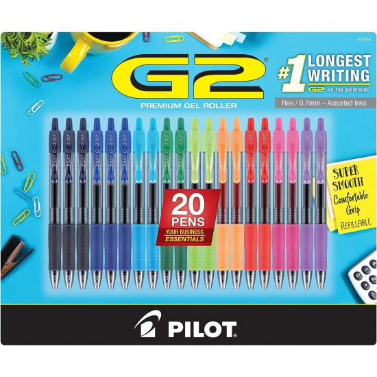 Pilot, G2 Premium Gel Roller Pens, Fine Point 0.7 mm, Black, Pack of 20